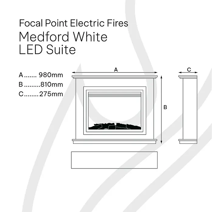 Focalpoint Chimenea eléctrica Medford - Blanco, 2.000 W, 27,5 x 98 x 81 mm - Ilustración de una chimenea eléctrica Focal Point Medford White LED Suite con dimensiones A=980mm, B=810mm y C=275mm.