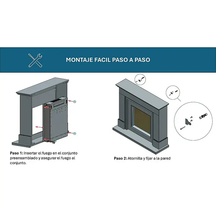 Focalpoint Chimenea eléctrica Kendal - Blanco, 1.700 W - 2.000 W, 38 x 125 x 99 cm - Ilustración de las instrucciones de montaje de una chimenea eléctrica. Instrucciones paso a paso para ensamblar y fijar la chimenea.