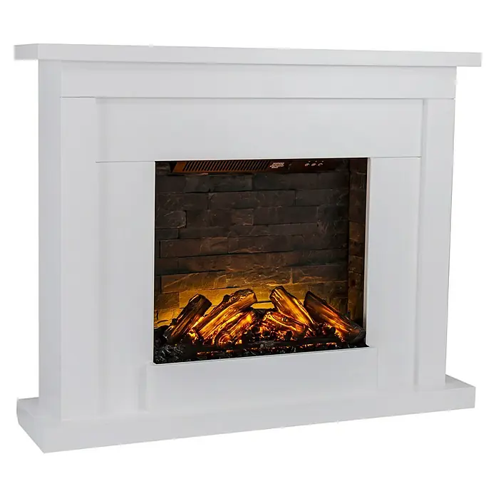 Focalpoint Chimenea eléctrica Atherstone Slate - Blanco, 2.000 W, 24 x 100 x 80 cm - Primer plano de una chimenea eléctrica con adornos blancos y un fuego simulado creando un ambiente cálido.