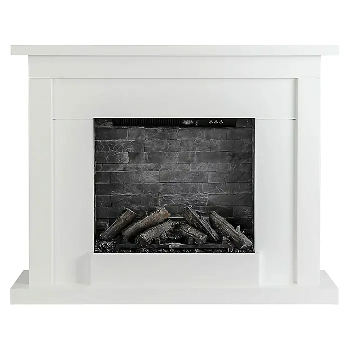 Focalpoint Chimenea eléctrica Atherstone Slate - Blanco, 2.000 W, 24 x 100 x 80 cm - Elegante foto de una chimenea eléctrica con marco blanco, creando un ambiente acogedor en cualquier habitación.