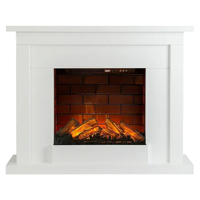 Focalpoint Chimenea eléctrica Atherstone Brick - Blanco/Ladrillo, 2.000 W, 24 x 100 x 80 cm - Primer plano de una elegante chimenea eléctrica blanca con troncos simulados y un patrón de ladrillo, que irradia calidez y estilo.