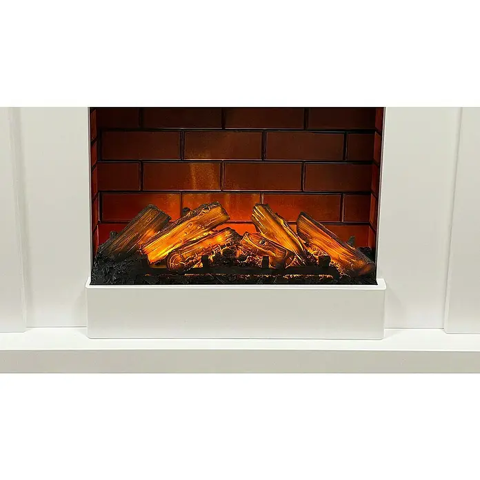 Focalpoint Chimenea eléctrica Atherstone Brick - Blanco/Ladrillo, 2.000 W, 24 x 100 x 80 cm - Una chimenea eléctrica con troncos simulados y luz cálida, enmarcada en blanco.