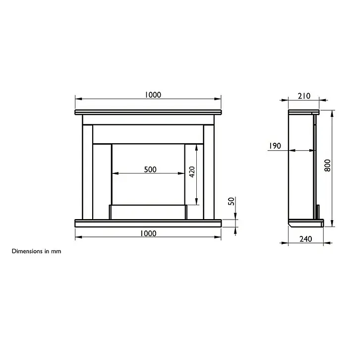 Focalpoint Chimenea eléctrica Atherstone Brick - Blanco/Ladrillo, 2.000 W, 24 x 100 x 80 cm - Dibujo técnico de una chimenea con dimensiones, incluyendo vistas frontal y lateral, todas las medidas en milímetros.