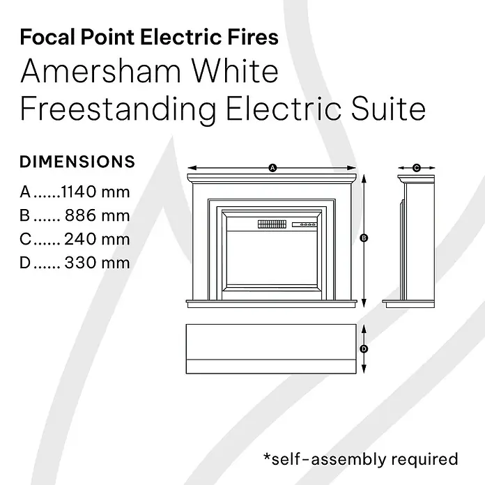 Focalpoint Chimenea eléctrica Amersham - Blanco, 1.000 W - 2.000 W, 33 x 114 x 88,6 cm - Dimensiones del Amersham White Freestanding Electric Suite de Focal Point Electric Fires, con medidas de ancho, alto y profundidad.