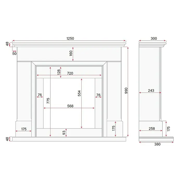 Focalpoint Chimenea eléctrica Kendal - Blanco, 1.700 W - 2.000 W, 38 x 125 x 99 cm - Un dibujo esquemático detallado de una chimenea, que muestra todas las dimensiones, ideal para la planificación e instalación.