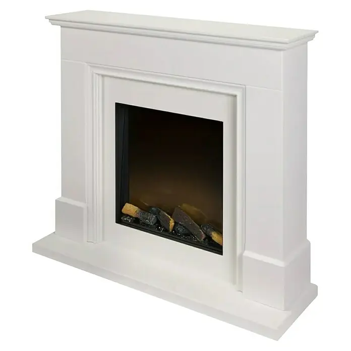 Focalpoint Chimenea eléctrica Kendal - Blanco, 1.700 W - 2.000 W, 38 x 125 x 99 cm - Primer plano de una chimenea eléctrica blanca con troncos simulados, aportando calidez y elegancia a cualquier estancia.