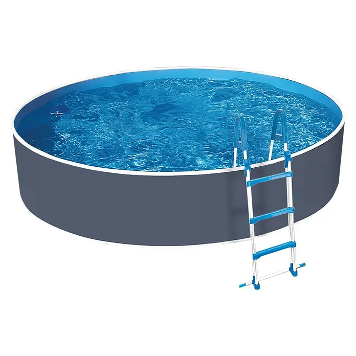 myPool Piscina de acero New Splash - Ø x Al: 355 x 90 cm, Gris/Blanco, 7.800 l - Una piscina elevada llena de agua azul y una escalera. La piscina tiene una pared exterior gris y un borde blanco.