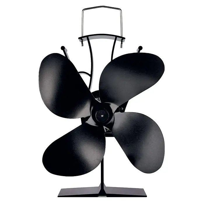 Ofenventilator - Stromlos - Ein Kaminofenventilator mit vier Flügeln und einem Griff aus Edelstahl, der die Wärme effizienter im Raum verteilt.