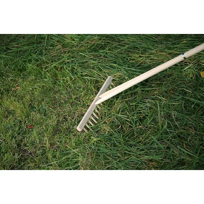 Freund Victoria Heurechen - Arbeitsbreite: 47,5 cm, Anzahl Zinken: 14, Langstiel - Nahaufnahme einer hölzernen Harke, die auf einem Rasen liegt, ideal für Gartenarbeiten und zur Pflege Ihres Gartens.