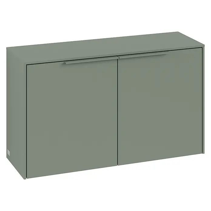 Villeroy & Boch Subway 3.0 Seitenschrank - B x T x H: 72,8 x 25,6 x 42,3 cm, Soft Green, DIN Anschlag: Links/Rechts, Farbe Griff: Monochrom - Modern wirkender, olivgrüner Wandschrank mit zwei Türen und durchgehenden Griffen für eine elegante und stilvolle Aufbewahrungslösung.