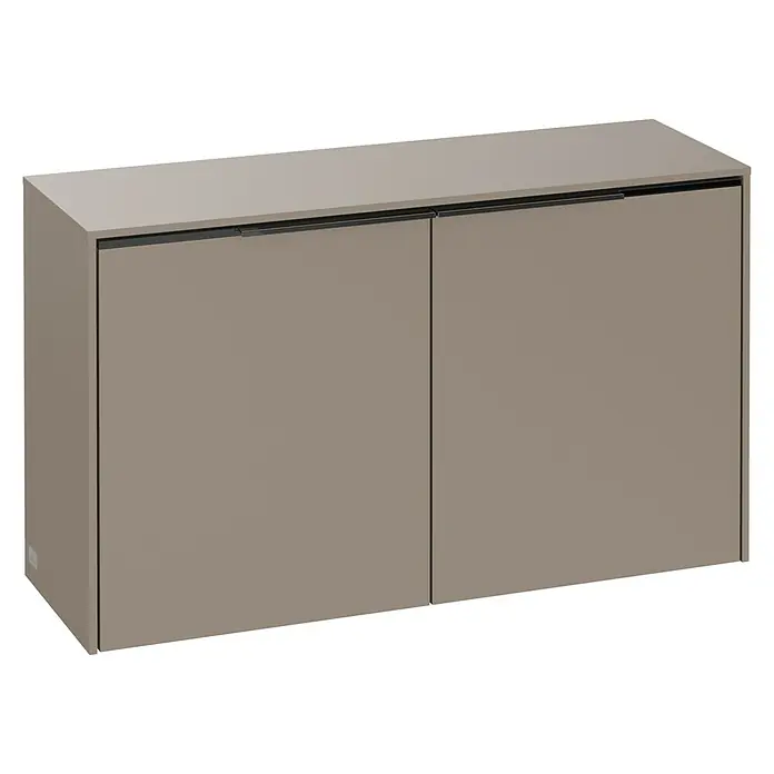 Villeroy & Boch Subway 3.0 Seitenschrank - B x T x H: 72,8 x 25,6 x 42,3 cm, Taupe, DIN Anschlag: Links/Rechts, Farbe Griff: Monochrom - Abbildung eines modernen, grauen Sideboards mit zwei Türen und minimalistischen schwarzen Griffen. Ideal für stilvolle Aufbewahrungslösungen.