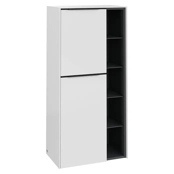 Villeroy & Boch Subway 3.0 Seitenschrank - B x T x H: 57,4 x 36,2 x 120 cm, Brilliant White, DIN Anschlag: Links, Farbe Griff: Volcano Black - Schrank mit Schiebetüren in Weiß und schwarzem Interieur. Moderner Schrank mit Regalen zur stilvollen Aufbewahrung von Kleidung und Accessoires.