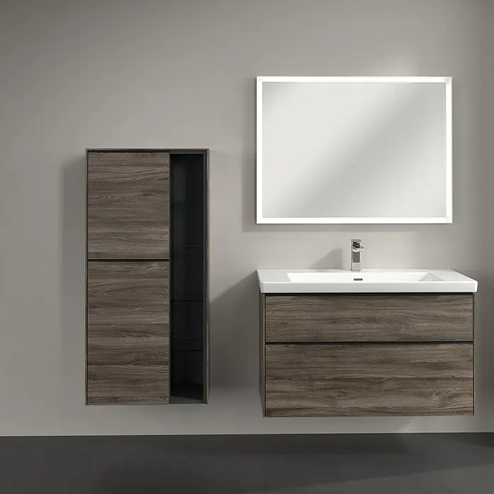 Villeroy & Boch Subway 3.0 Seitenschrank - B x T x H: 57,4 x 36,2 x 120 cm, Stone Oak, DIN Anschlag: Links, Farbe Griff: Volcano Black - Elegantes Badezimmer-Set mit Waschtischunterschrank, Hochschrank und beleuchtetem Spiegel für ein modernes Ambiente.
