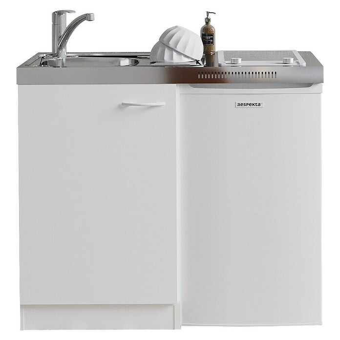 Respekta Miniküche Pantry MK100WC (100 cm, Mit Glaskeramikkochfeld + Kühlschrank, Weiß)