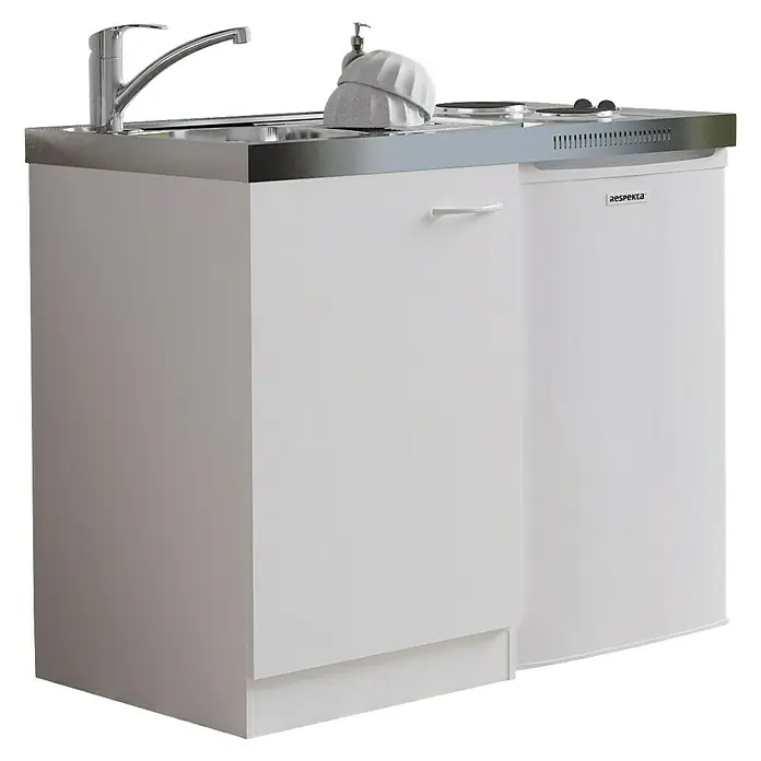 Respekta Miniküche Levin - Breite: 100 cm, Weiß, Mit Duo-Kochmulde + Kühlschrank - Kompakte Küchenzeile mit Spüle, Kochfeld und Kühlschrank in Weiß. Ideal für kleine Küchen oder Studentenwohnungen, platzsparend und funktional.