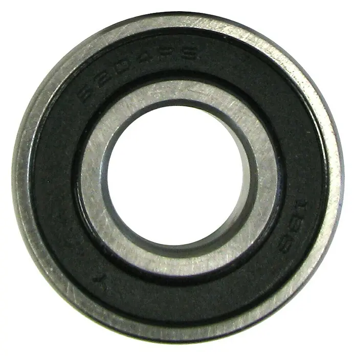 Kugellager 6204-2RS - Durchmesser: 47 mm, Breite: 14 mm, Durchmesser Achsloch: 20 mm - Nahaufnahme eines Rillenkugellagers mit Metallringen und schwarzen Dichtungen, das für reibungsarme Drehbewegungen sorgt.
