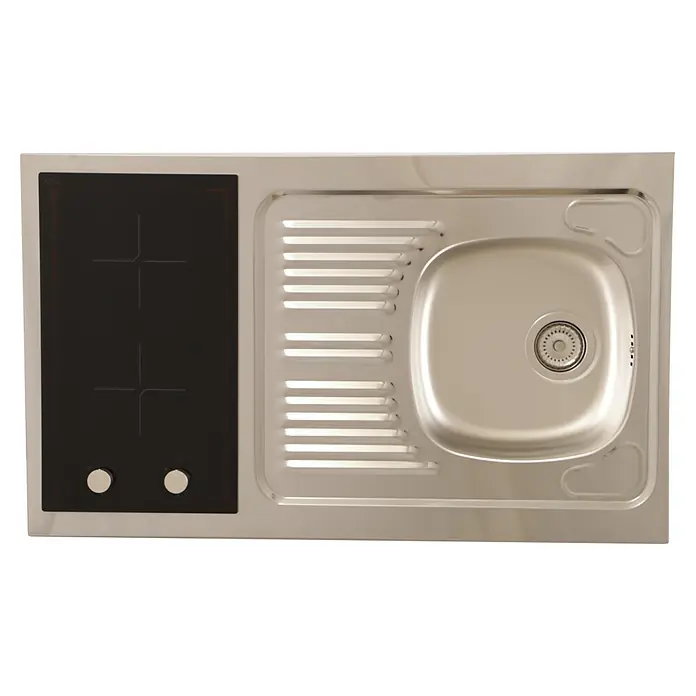 Respekta Miniküche Levin - Breite: 100 cm, Weiß, Mit Glaskeramikkochfeld + Kühlschrank - Edelstahlspüle mit integriertem Kochfeld. Das Spülbecken hat ein Abtropffläche und ein modernes Design.