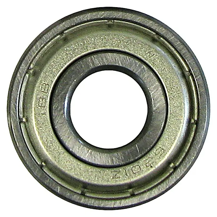 Kugellager 6201-ZZ - Durchmesser: 32 mm, Breite: 10 mm, Durchmesser Achsloch: 12 mm - Nahaufnahme eines silbernen Kugellagers mit gut sichtbaren Details und Inschriften.