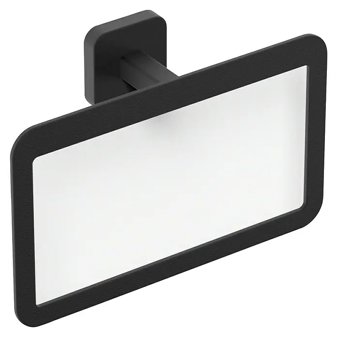 Camargue Toallero de anilla Cervino - Negro, Acero inoxidable - Primer plano de un espejo de pared rectangular moderno con marco negro y superficie de espejo blanca.