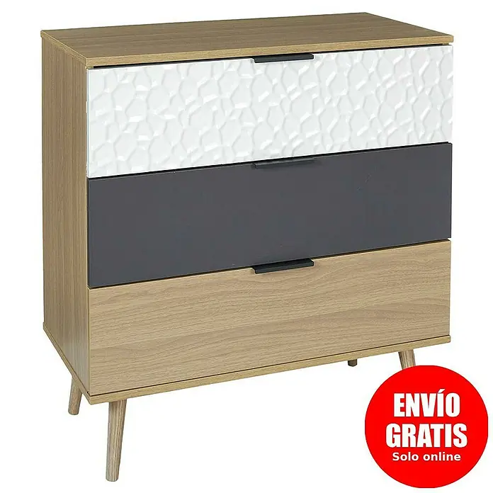 Home Deco Factory Sven Cómoda - L x An x Al: 39 x 75 x 80 cm, Madera/Blanco/Antracita, Número de cajones: 3 ud., Detalles geométricos - Cómoda con tres cajones en blanco, gris y aspecto de madera. El mueble se apoya sobre pies cónicos y esbeltos.