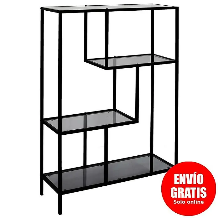Home Deco Factory Edison Estantería metálica - L x An x Al: 30 x 80 x 113 cm, Metal/Vidrio templado, Negro - Elegante estantería moderna con tres estantes de vidrio y estructura metálica negra. Perfecta para salón u oficina para decorar con estilo.