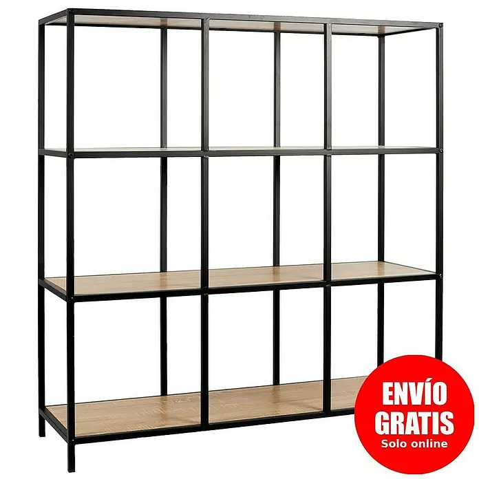 Home Deco Factory Loka Estantería de madera - L x An x Al: 32 x 99 x 105,5 cm, Negro/Marrón, Metal/MDF - Imagen de una estantería de tres niveles con estructura metálica negra y estantes con aspecto de madera.