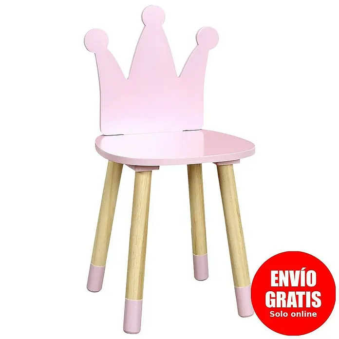 Home Deco Kids Silla Corona - Rosa, Madera de pino, Específico para: Niños pequeños - Silla rosa para niños con respaldo de corona y patas de madera, ideal para pequeñas princesas.