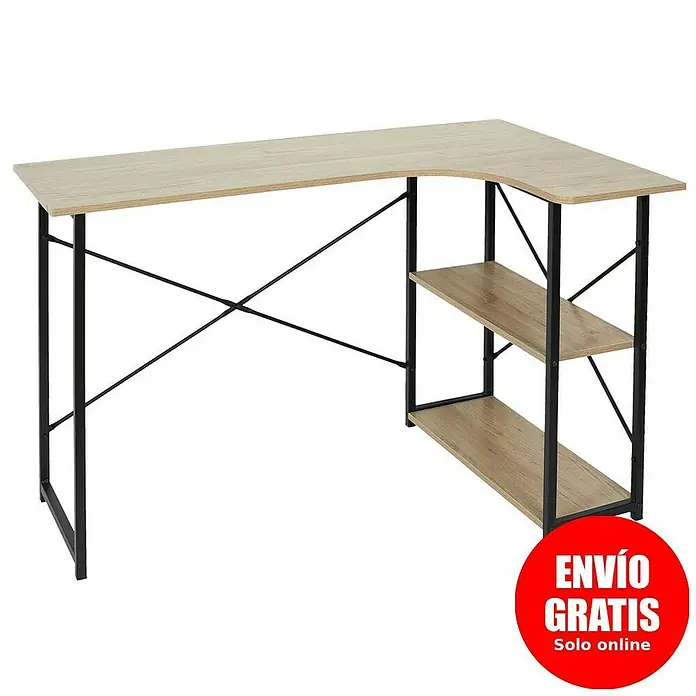 Home Deco Factory Mesa de escritorio Job - L x An x Al: 74 x 120 x 74 cm, Negro/Madera - Un escritorio en forma de L con acabado de madera clara y estructura metálica negra, con dos estantes. Ideal para la oficina o el estudio.