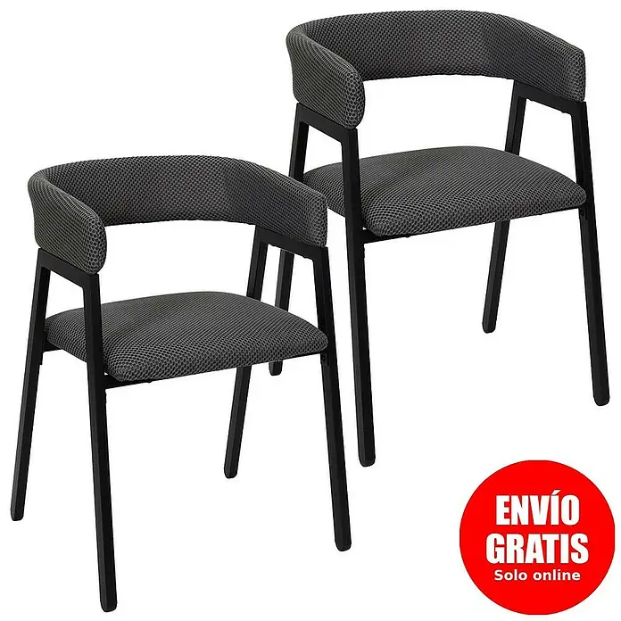 Home Deco Factory Silla Atom - Gris, 2 ud. - Dos sillas negras modernas con asiento de tela gris. Ideales para comedor u oficina, ofrecen confort y estilo.