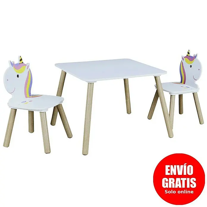 Home Deco Kids Mesa infantil con sillas Unicornio - MDF, Blanco, 3 pzs., Específico para: Niños de 3 a 5 años - Adorable conjunto para habitación infantil con una mesa blanca y dos sillas de unicornio. ¡Perfecto para las niñas amantes de los unicornios!