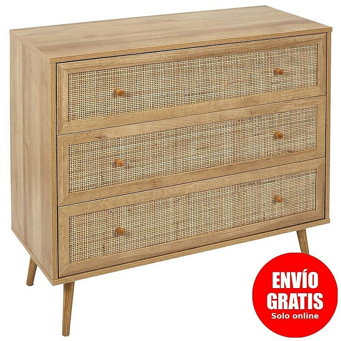 Home Deco Factory Bali Cómoda (L x An x Al: 39 x 90 x 79 cm, Marrón, Número de cajones: 3 ud., Con ratán trenzado) | BAUHAUS