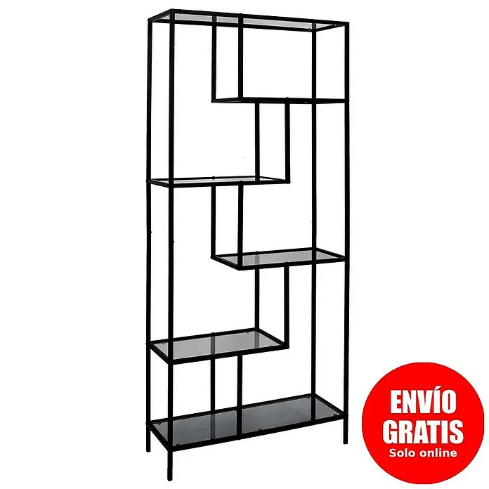 Home Deco Factory Edison Estantería metálica - L x An x Al: 30 x 80 x 180 cm, Metal/Vidrio templado, Negro - Elegante estantería negra con estantes de vidrio. Su diseño moderno la convierte en un punto de atracción en cualquier habitación, ofreciendo amplio espacio de almacenamiento.