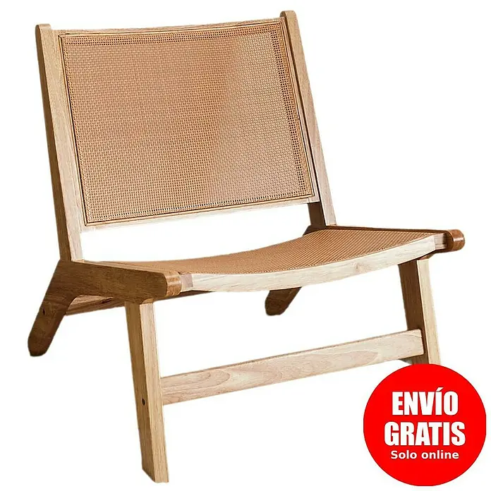 Home Deco Factory Bali Silla - Madera de Hevea, Marrón, Con ratán trenzado - Elegante sillón lounge de madera clara con asiento y respaldo de mimbre. Ideal para momentos de relax en el salón.