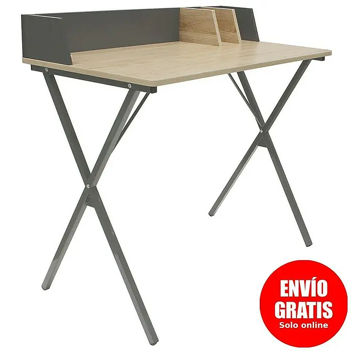 Home Deco Factory Mesa de escritorio - L x An x Al: 50 x 90 x 85 cm, Gris/Madera - Escritorio moderno con acabado en madera clara y estante superior gris, ideal para oficinas en casa y estudios. La estructura metálica en forma de X aporta estabilidad.