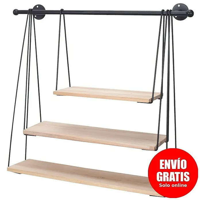 Home Deco Factory Estante de pared Columpio - L x An x Al: 20 x 65 x 62 cm, Número de baldas: 3 ud. - Estante de pared de tres niveles con marco de metal negro, perfecto para almacenamiento y decoración elegantes en cualquier espacio.