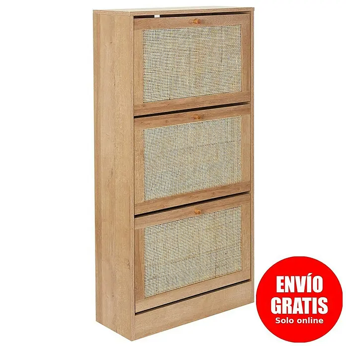 Home Deco Factory Bali Zapatero - L x An x Al: 24 x 60 x 113 cm, Marrón, Número de compartimentos: 3 ud., Con ratán trenzado - Elegante zapatero de madera con tres compartimentos basculantes y frentes de ratán. Ideal para recibidores.