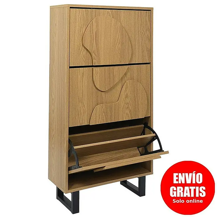 Home Deco Factory Calypso Zapatero - L x An x Al: 24 x 60 x 115 cm, Marrón/Negro, Número de compartimentos: 3 ud., Relieves curvos - Zapatero moderno en imitación madera con compartimentos abatibles y diseño llamativo para un almacenamiento elegante de tus zapatos.