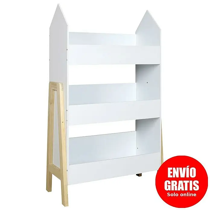 Home Deco Kids Estantería de madera Casita -  - Imagen de una estantería blanca en forma de casa con cuatro estantes y marco de madera clara.
