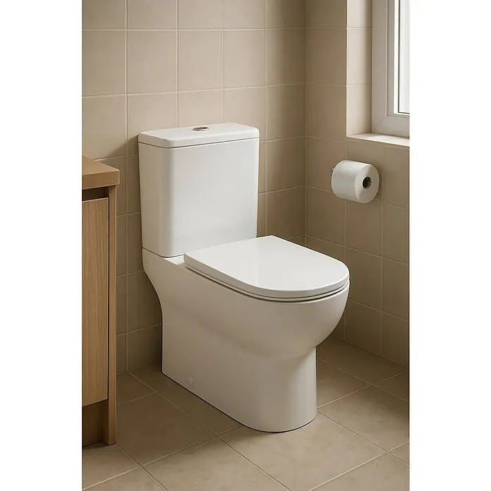 Camargue Pack de WC Lisboa - Sin borde de descarga, Salida WC: Horizontal, Blanco - Inodoro de pie con cisterna en un baño con azulejos beige. El inodoro es blanco y tiene un asiento ovalado.