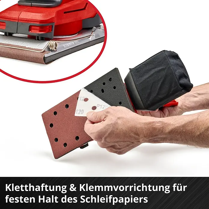 Einhell Power X-Change 18V Akku-Schwingschleifer - 18 V, Ohne Akku, 14.000 U/min - 24.000 U/min - Ein roter Schwingschleifer mit Kletthaftung und Klemmvorrichtung für Schleifpapier wird gezeigt.