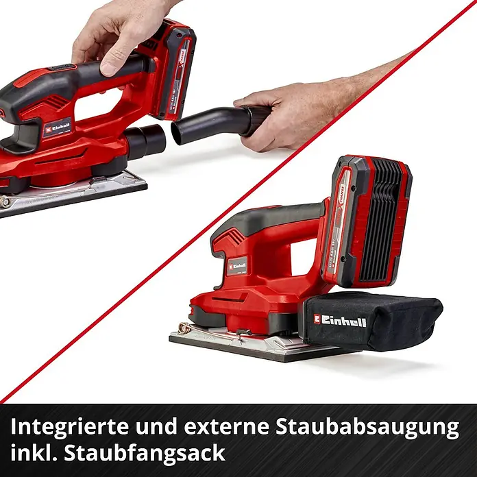 Einhell Power X-Change 18V Akku-Schwingschleifer - 18 V, Ohne Akku, 14.000 U/min - 24.000 U/min - Das Bild zeigt einen roten Einhell Akku-Exzenterschleifer mit Staubabsaugung und Staubfangsack.