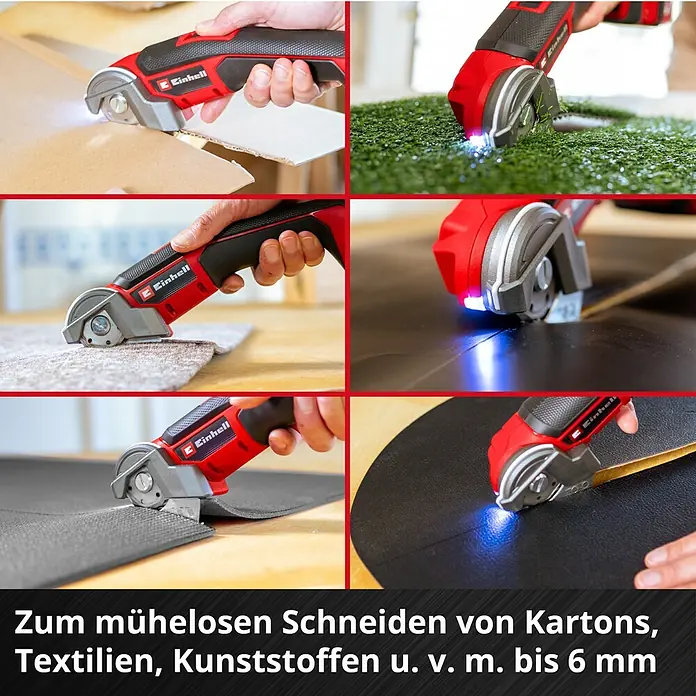 Einhell Power X-Change 18V Akku-Universalschere TE-UC 18/6 Li - Solo - 18 V, Ohne Akku - Verschiedene Ansichten des Einhell Akku-Universalschneiders zum mühelosen Schneiden von Materialien wie Karton, Textilien, Kunststoffen bis 6 mm.