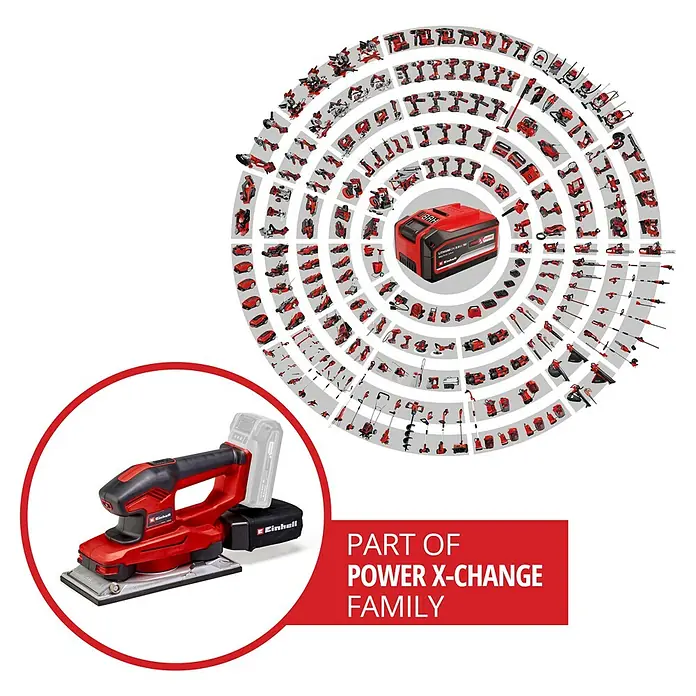 Einhell Power X-Change 18V Akku-Schwingschleifer - 18 V, Ohne Akku, 14.000 U/min - 24.000 U/min - Bild einer roten Einhell Exzenterschleifmaschine mit Akku, die Teil der Power X-Change Familie ist, mit einer Übersicht über die gesamte Produktpalette.