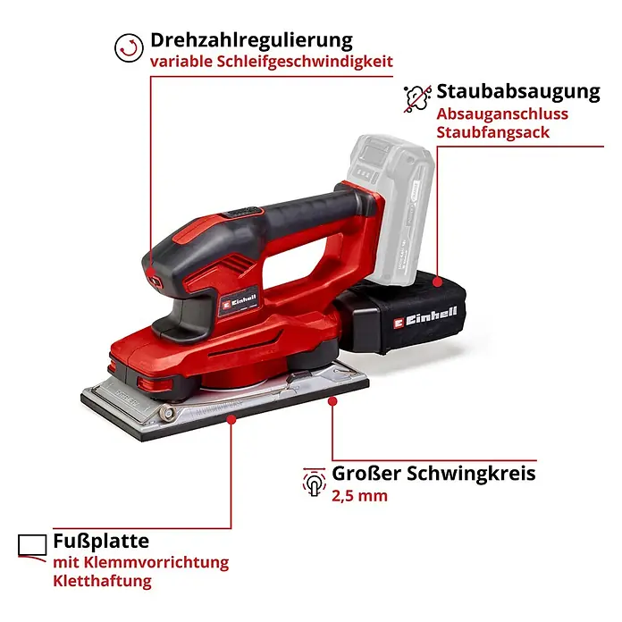 Einhell Power X-Change 18V Akku-Schwingschleifer - 18 V, Ohne Akku, 14.000 U/min - 24.000 U/min - Abbildung eines Einhell Akku-Exzenterschleifers mit Geschwindigkeitsregelung, Staubabsaugung und Klettfixierung für Schleifpapier.