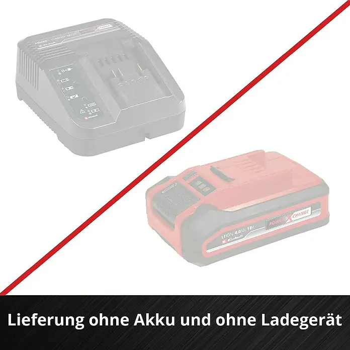 Einhell Power X-Change 18V Akku-Universalschere TE-UC 18/6 Li - Solo - 18 V, Ohne Akku - Darstellung eines Akku-Ladegeräts und eines Akkus der Marke Einhell, jedoch mit dem Hinweis, dass diese nicht im Lieferumfang enthalten sind.