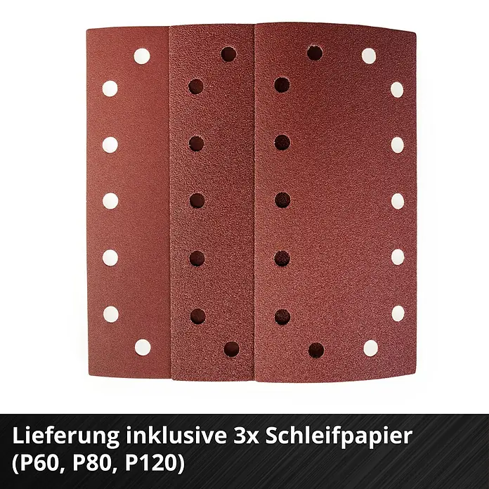 Einhell Power X-Change 18V Akku-Schwingschleifer - 18 V, Ohne Akku, 14.000 U/min - 24.000 U/min - Abbildung von Schleifpapier in drei verschiedenen Körnungen (P60, P80, P120) für Schleifarbeiten.