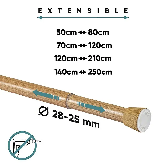 Barra para cortinas extensible multiusos - Metal, Madera, Longitud regulable: 70 cm - 120 cm - Imagen de una barra de cortina extensible de madera disponible en longitudes de 50 a 250 cm y con un diámetro de 28-25 mm.