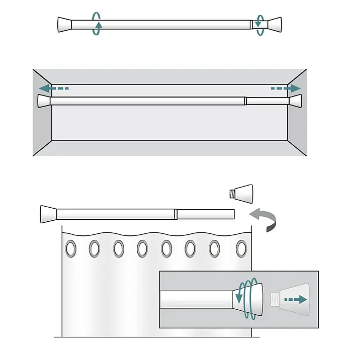 Barra para cortinas extensible multiusos - Metal, Madera, Longitud regulable: 70 cm - 120 cm - Una cortina de ducha extensible con piezas finales y varias opciones de montaje se representa en esta ilustración.