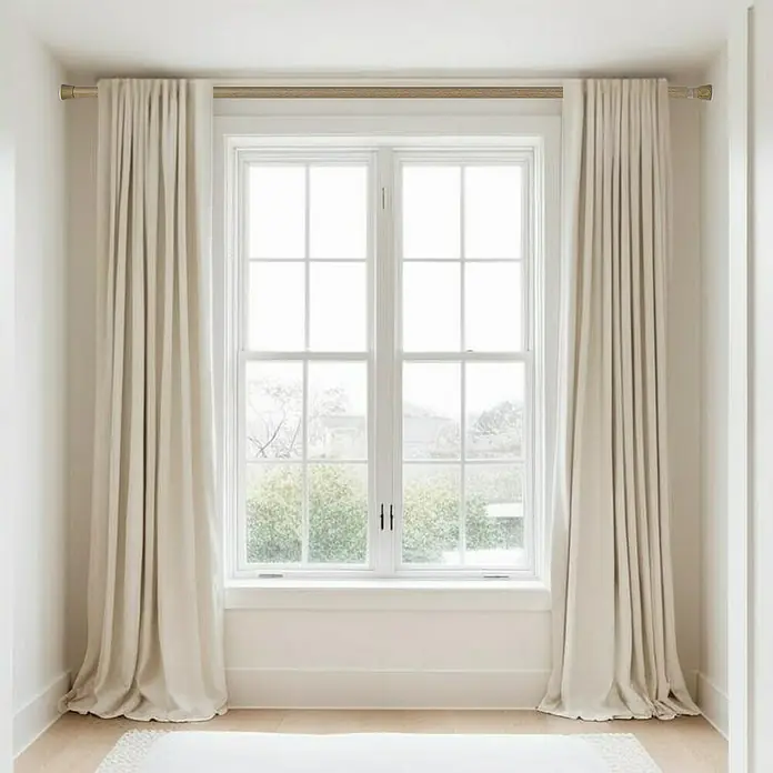 Barra para cortinas extensible multiusos - Metal, Madera, Longitud regulable: 70 cm - 120 cm - Cortina beige claro colgada de una barra dorada frente a una ventana, que añade un ambiente elegante y aireado a la habitación.