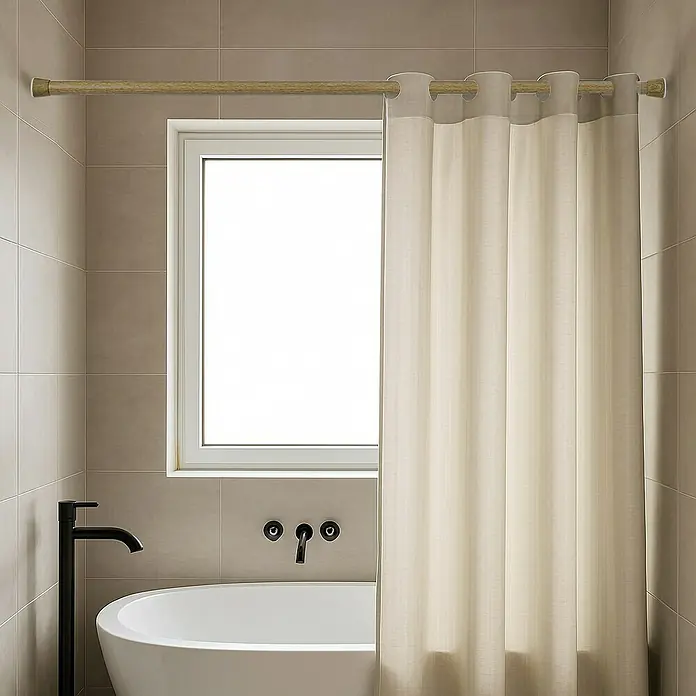 Barra para cortinas extensible multiusos - Metal, Madera, Longitud regulable: 70 cm - 120 cm - Una cortina de ducha beige cuelga de una barra de madera frente a una ventana en un baño de azulejos con bañera.